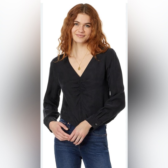 Madewell Ruched Front Black Long Sleeved Blouse Size 10 - Picture 3 of 8